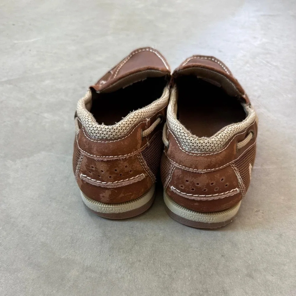 VINATGE 2000s Brown leather slip-on boat shoes with white stitching. Size: US 11